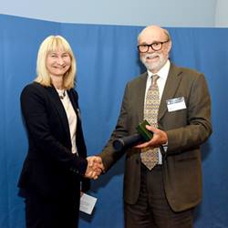Professor Frances Wall receiving the William Smith Medal at the Geological Society's 2019 President's Day.